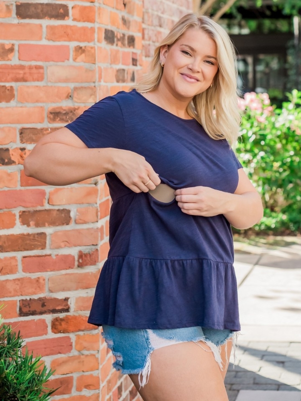 Nursing Queen Cotton Navy Short Sleeve Ruffle Full Zip Nursing Top